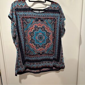 Blue and Orange Geometric print Short Sleeve Blouse 2X